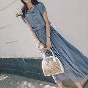 Cap-Sleeve Plain Slit Midi Button-Front Belted Dress Blue - XL