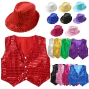 Kids Girls Boys Sequin Dance Fedora Hat with Vest Hip Hop Jazz Fancy Costume