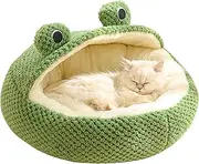 Frog Cat Bed Long Plush Winter Autumn Thermal Cute Cartoon Non-Slip Pet Bed Detachable Insert Soft Dampproof Cat, Round with Half Roof Frog