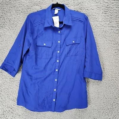H&M Shirt Womens 12 Blue 3/4 Sleeve Button Up Pocket Collared Roll Tab *NWT*