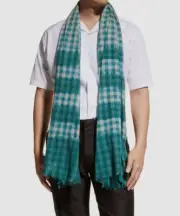 $225 Paul Smith Men's Green Silk Handpainted Check Fringe Scarf