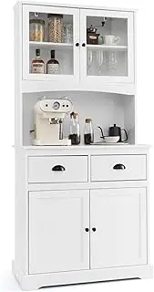 Giantex Kitchen Pantry Buffet Cabinet, Storage Organizer w/Tempered Glass Doors & Double Drawers, Cable Management Hole, Adjustable Shelves & Anti-toppling System, Cupboard Kitchen Dining Room (White)