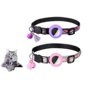 2pcs Pet Collar with Airtag Holder Geometric Pattern Cat Collar with Bell and Tassel-Pink and Purple
