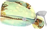 [WOSHJIUK] Working Hat 2 Pack Scrub Caps for Women,Holiday Tropical Beach,Tie Back Cap Adjustable Scrub Hat