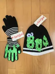 NWT CAT & JACK Black/White Knit Hat & Gloves Set BOO 2T-5T Toddler Girl or Boy