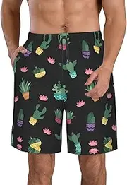 [OAROK] Cactus.. Men's Casual Beach Shorts Quick Drying Shorts Men's Stretch Swim Trunks Daily Wear Style, White, Large