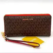 NWB Michael Kors Jet Set Large Continental Wallet Logo Brown Red Dust Bag FS Y