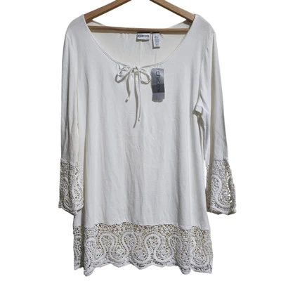 NWT Chico's Lace Peasant Dream Trim optical white keyhole tie top Chicos size 12