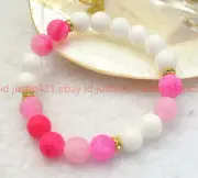 10mm White Jade Pink Dream Frost Agate Round Gemstone Beads Bracelet 7.5''