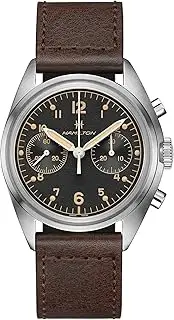 [Hamilton] Watch Khaki Aviation Pilot Pioneer Mechanical Chrono | Swiss Made | 40mm Stainless Steel Case | Black Dial Analog Watch | Brown Leather Strap (Model: H76409530), Black, Classic