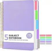 5 Subject Notebook College Ruled with Removable Pocket Dividers Tabs, 240 Pages Spiral Notebook 8.5 x 11, Lined Journal Notebook for Women , Hardcover Notebooks for Work School Note taking A4 Purple