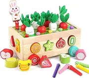 PELOSTA Montessori Toys for Toddler 1-3, Baby Wooden Educational Toy for 1 2 Year Old Boy Girl Gift, Farm Theme with Rabbit, 12 Fruit Blocks, 8 Carrots, 10 Worms & Shape Matching Sorting Car
