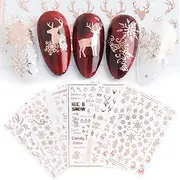 JMEOWIO 9 Sheets Christmas Nail Art Stickers Decals Self-Adhesive 3D Snowflake Elk Pattern DIY Winter Decoration Tools Accessories Long Beauty for Women Girls Kids - Rose Gold
