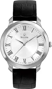 [Bulova] Men's Classic 3-Hand Quartz Black Leather Strap Watch, Roman Numeral Markers, 41mm