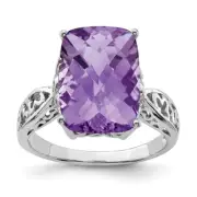 Sterling Silver Rhodium-plated Checker-Cut Amethyst Ring Size 7