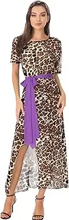 [TiaoBug] Womens Leopard Print Belly Dance Dress Short Sleeve Side Split Maxi Dress with Safety Shorts and Hip Scarfs