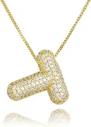[TZPI] 18k Bubble Letter Necklace Gold for Women, Rhinestone Bubble Balloon Initial Necklace for Her, Charm Puff Letter Name Pendant Chunky Alphabet necklace
