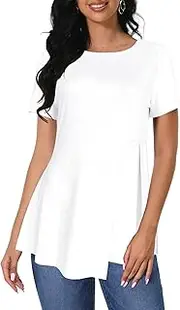 [Afibi] Women's Short Sleeve Tops for Women Crewneck Casual Pleated Tunic Tops Loose Fit Shirts Blouses