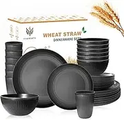 VIVAHEARTH Wheat Straw Dishes Set for 8, Dinnerware Sets 32 piece, Unbreakable Plates, Bowls, Cups Sets for Kitchen Parties Camping RV - Grey
