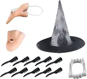 Witch Funny Makeup Dressing Costume Party Halloween Accessories For Kids Child and Adult, Set of 5 (Nose, Chin, Nail,Teeth and Hat)