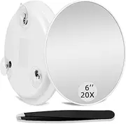 20X Makeup Mirror with Suction Cups - Round 6'' Compact Travel Mirror with 20X Magnification and Tweezers