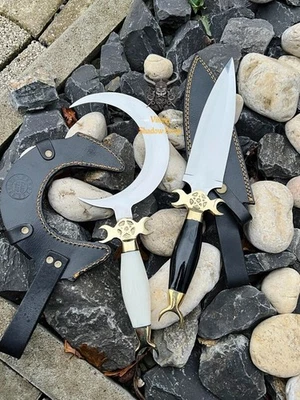 2 PCS SET HANDMADE CRESCENT MOON DAGGER – RITUAL ATHAME KNIFE BONE & HORN HANDLE