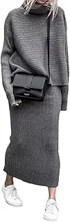 [Generic] Women Casual Plus Size 2 Piece Ribbed Knitted Wool Sweater Turtleneck Set
