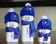 Set of Three Wooden Snowmen With Royal Blue Hat and Blue and Silver Dot Ribbon
