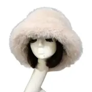 Bucket Hat Oversized Fluffy Wide Brim Soft Thickened Ear Protection Faux Fur Winter Thermal Women Fisherman Cap For Daily Life Khaki