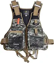Outdoor Fishing Life Jacket, Adjustable Buoyancy Aid Adult Multi Pocket Swim Vest with Reflective Stripe and Whistle Safety Jacket,Green Camouflage