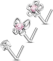 [CM Crareesi Mania] 3PCS Butterfly Flower Nose Studs Silver L-Shaped Nose Nostril Piercing Jewellery 316L Stainless Steel Nose Screw 20Gauge Nose Rings for Women, 20Gauge, Cubic Zirconia, Crystal
