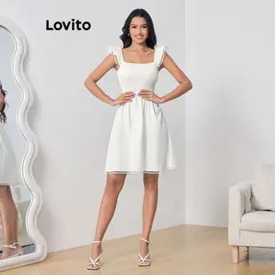 Lovito 波西米亞女式素色縮褶紡織紗線連身裙 LBL07203