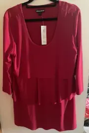 Nina Leonard Top Red 14-16 L Tunic Long Sleeve Layered Stretch Scoop Neck New