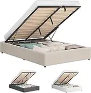 ALFORDSON Bed Frame with Gas Lift Storage Base Queen Size, Bed Platform Foundation Linen Fabric Upholstery Without Headboard for Mattress Topper, Wilbur Fabric Beige