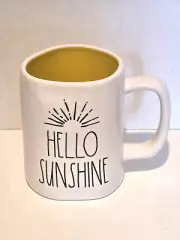 Rae Dunn HELLO SUNSHINE White Ceramic Mug Yellow Interior Inscribed LL Black!!!