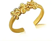 [Claddagh Gold] 10K Yellow, White, or Rose Gold Trio Hawaiian Plumeria Flower Adjustable 2mm Open Toe Ring for Ladies - Choice of Metal Stamp and Gold Color