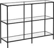 Console Sofa Table with 3 Shelves, Steel Frame and Tempered Glass Shelf (Black)