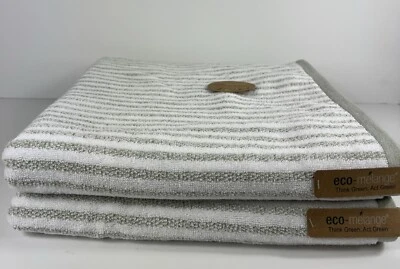 Eco Melange Bath Towels Green White Striped Cotton Soft Plush Set of 2 NEW