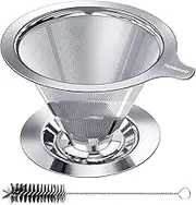 Hanlomele Pour Over Coffee Dripper, Paperless Reusable Coffee Filter, Pour Over Coffee Maker for Single Cup Brew, Double Mesh Design of Stainless Steel Cone Filter for Perfect Extraction (1-2 Cup)