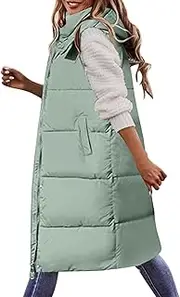 JMMSlmax Women's 2023 Autumn Reversible Vests Sleeveless Fleece Jacket Long Warm Winter Coat Outerwear Zip Hoodie Pockets, A10-Green, Large, A10 Green, Large