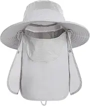 [Generic] Wide Brim Sun with Detachable Neck Flap and Face Cover Men Women Fishing Cap Travel Light Gray