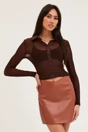 Brown Button Front Top Long Sleeve Mesh - Size S, Women's Top