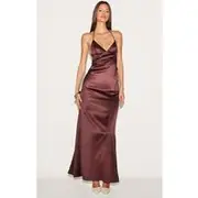 Chocolate Satin Lace Up Back Maxi Slip Dress, Chocolate