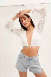 White Bolero Long Sleeve Tie Front V Neck Lace - Size 8, Women's Bolero