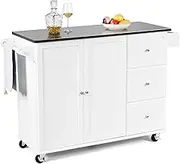 Trolley on Wheels Kitchen Island with Stainless Steel Countertop, Kitchen Cart Rolling Trolley with Towel Holder and Spice Rack Trolley(White)