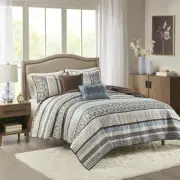 NEW! ~ COZY BLUE GREY BROWN WHITE LODGE LOG CABIN COUNTRY PLAID LEAF QUILT SET