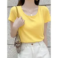在飛比找ETMall東森購物網優惠-短袖t恤女夏季薄款寬松內搭黃色大領口純色半袖體恤冰絲針織上衣