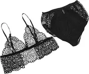[Baluue] Female Lace Clothes Set Underwear Lace Bra and Panty Elegant and Breathable Honeymoon Nightwear Black