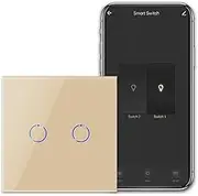 CNBINGO Smart Touch Light Switch Compatible with Alexa, Google Assistant - WLAN Switch Flush-Mounted - with Glass Panel - Wall Switch Double in Gold - Neutral Conductor Required - 600 W/Compartment