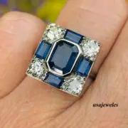 1.54CT Emerald Cut Real Blue Sapphire 14K White Gold Finish Wedding Jewelry Ring